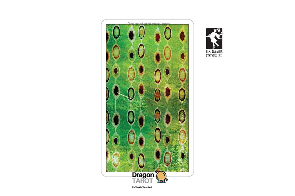 A vertical tarot card featuring a green background with a repeating pattern of gold, brown, and black circular medallions. The card is presented on a white background with social media and brand logos for Dragon Tarot and Elusive Resilience.