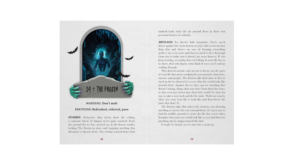 A printed page from a book or booklet featuring a fantasy illustration of a dark arched doorway with bats and green skeletal hands holding the frame, alongside columns of text. The page is centered on a light gray background.