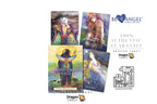 Four Dragon Tarot cards with colorful fantasy illustrations are displayed on a white background alongside branding for Blue Angel Publishing and Dragon Tarot, including a VAT refund icon.