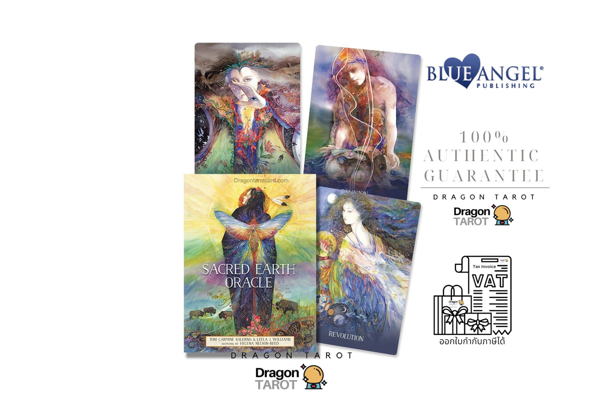 Four Dragon Tarot cards with colorful fantasy illustrations are displayed on a white background alongside branding for Blue Angel Publishing and Dragon Tarot, including a VAT refund icon.