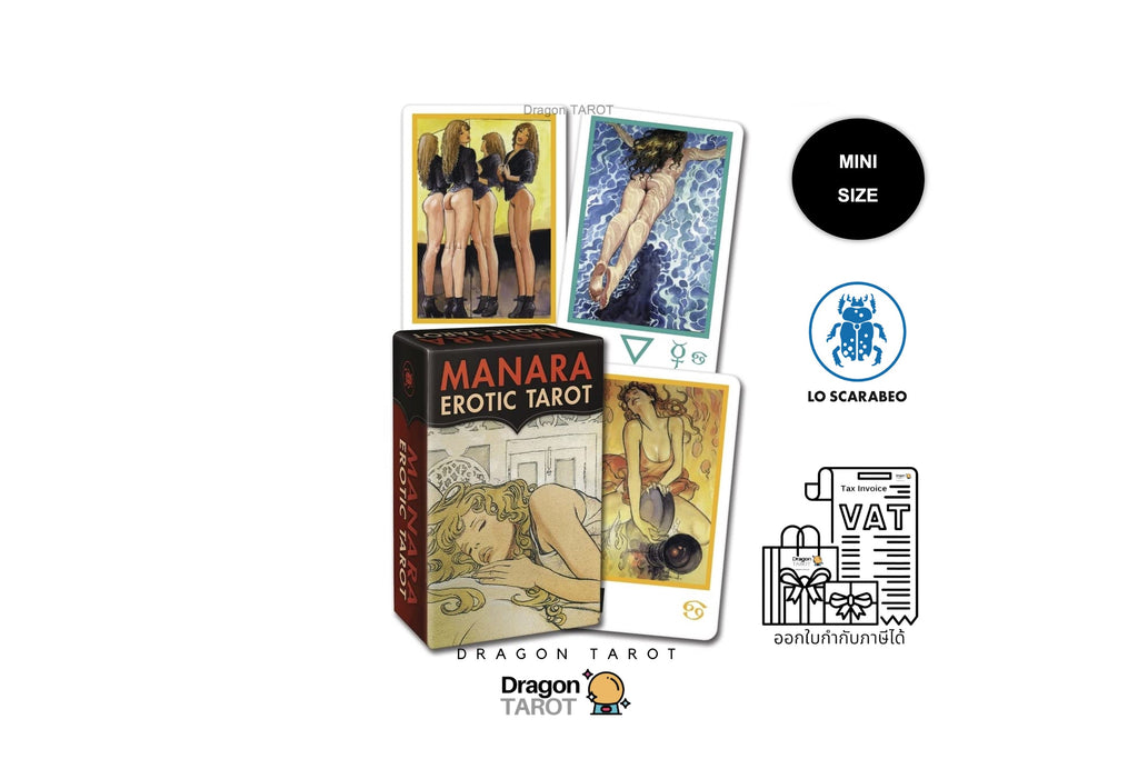 Dragon Tarot Manara Erotic Tarot mini size box set on a white background, featuring the product box, two sample cards, and several circular feature icons.