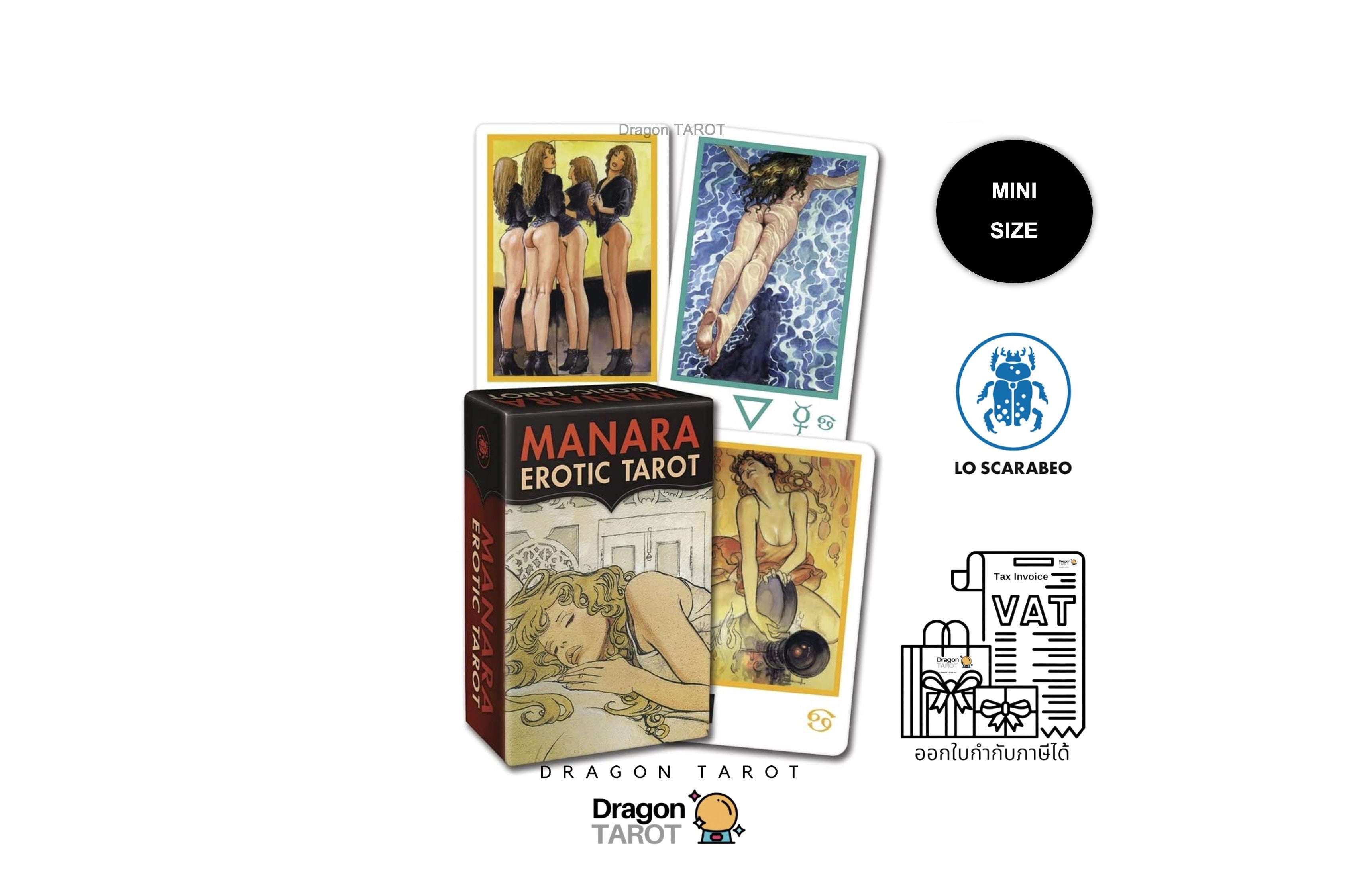 Dragon Tarot Manara Erotic Tarot mini size box set on a white background, featuring the product box, two sample cards, and several circular feature icons.