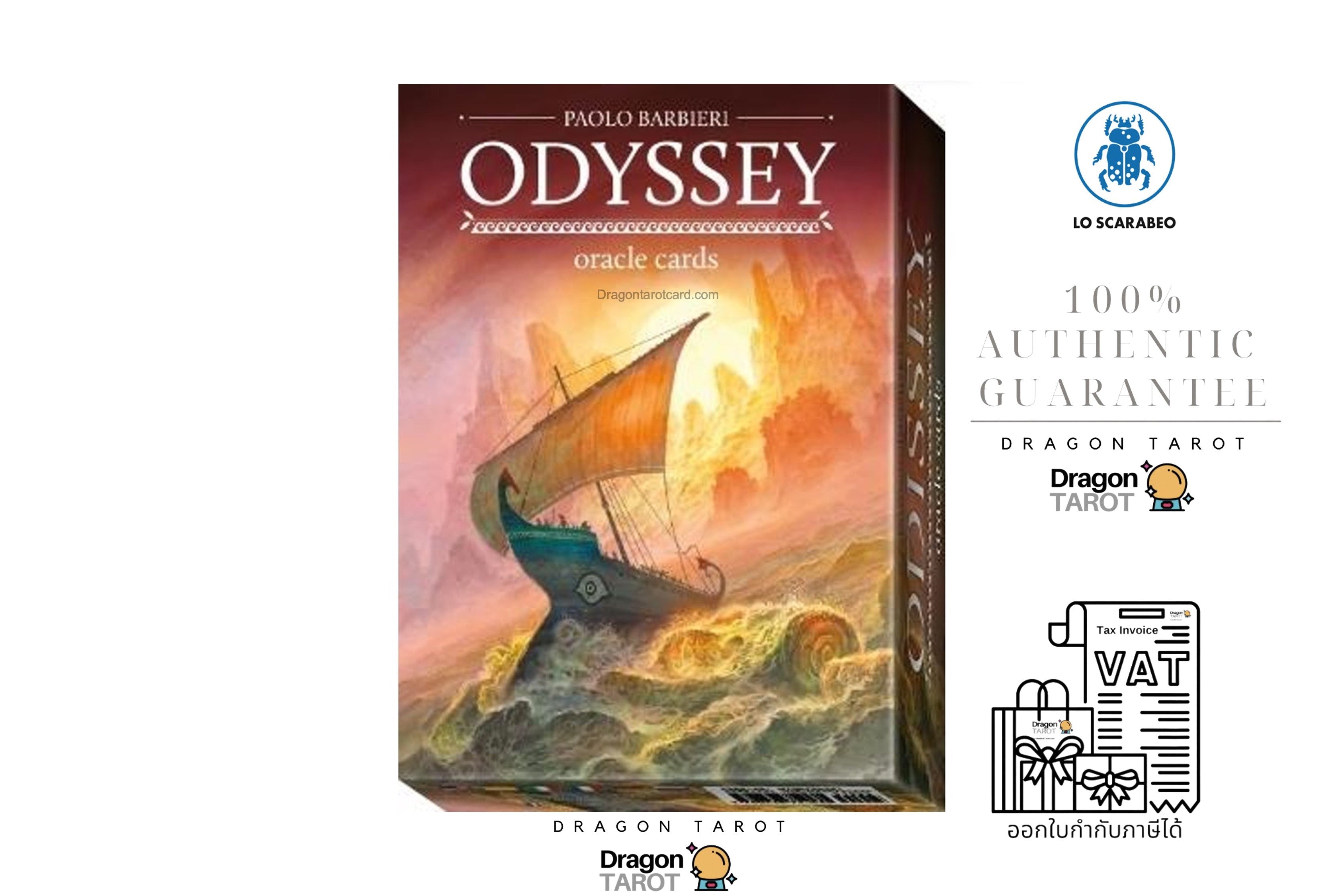 Dragon Tarot Odyssey Oracle Cards box shown on a white background with promotional text and logos, including '100% Authentic Guarantee' and a VAT receipt graphic.