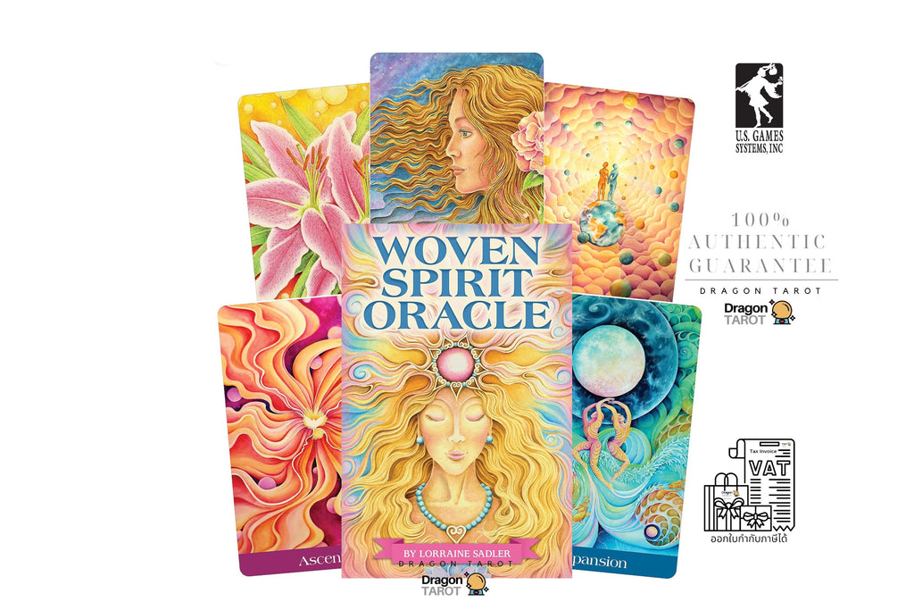 Dragon Tarot Oracle card deck packaging and several illustrated cards arranged on a white background, with branding and certification marks visible.