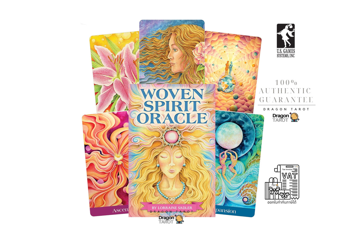 Dragon Tarot Oracle card deck packaging and several illustrated cards arranged on a white background, with branding and certification marks visible.