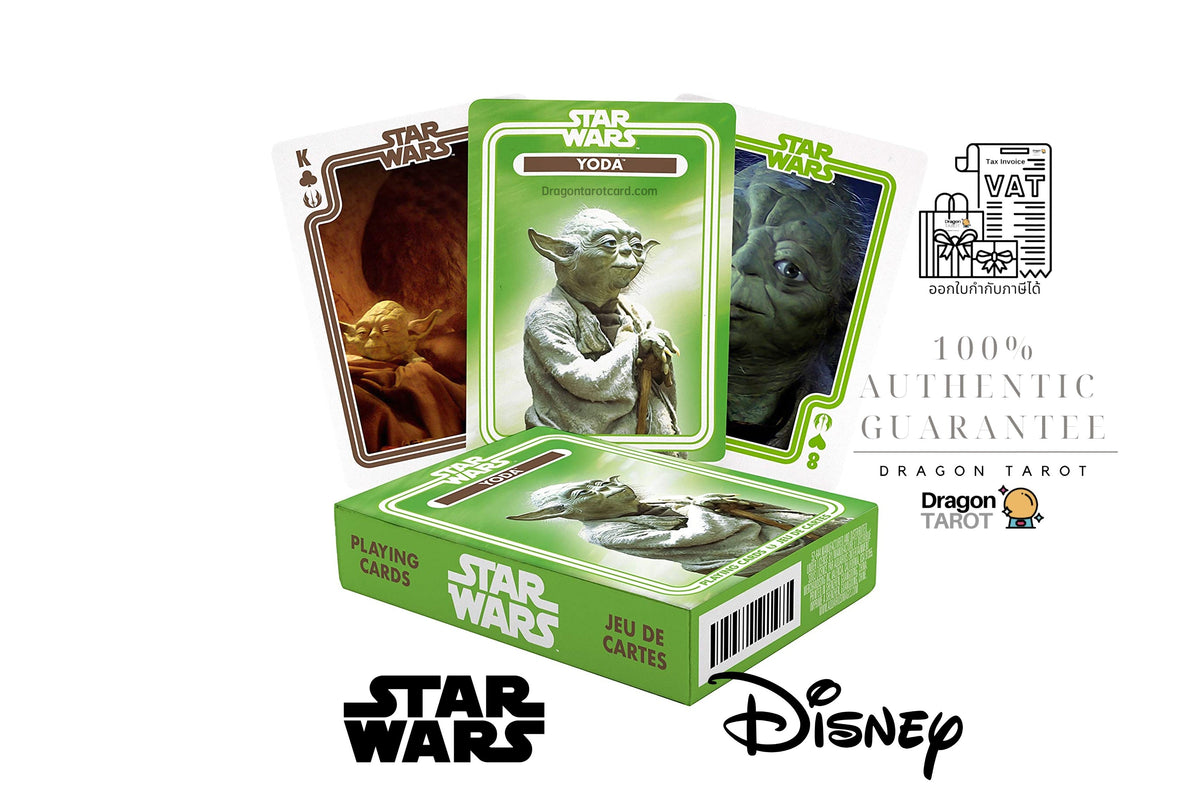 Dragon Tarot Star Wars trading card deck with a green display box, showing three sample cards including Yoda, with Star Wars and Disney logos on a white background.