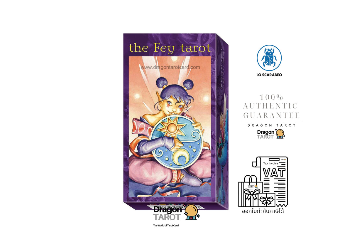 The Fey Tarot card deck box shown on a white background, alongside brand and certification logos including LD Scarabio and 100% Authentic Guarantee.