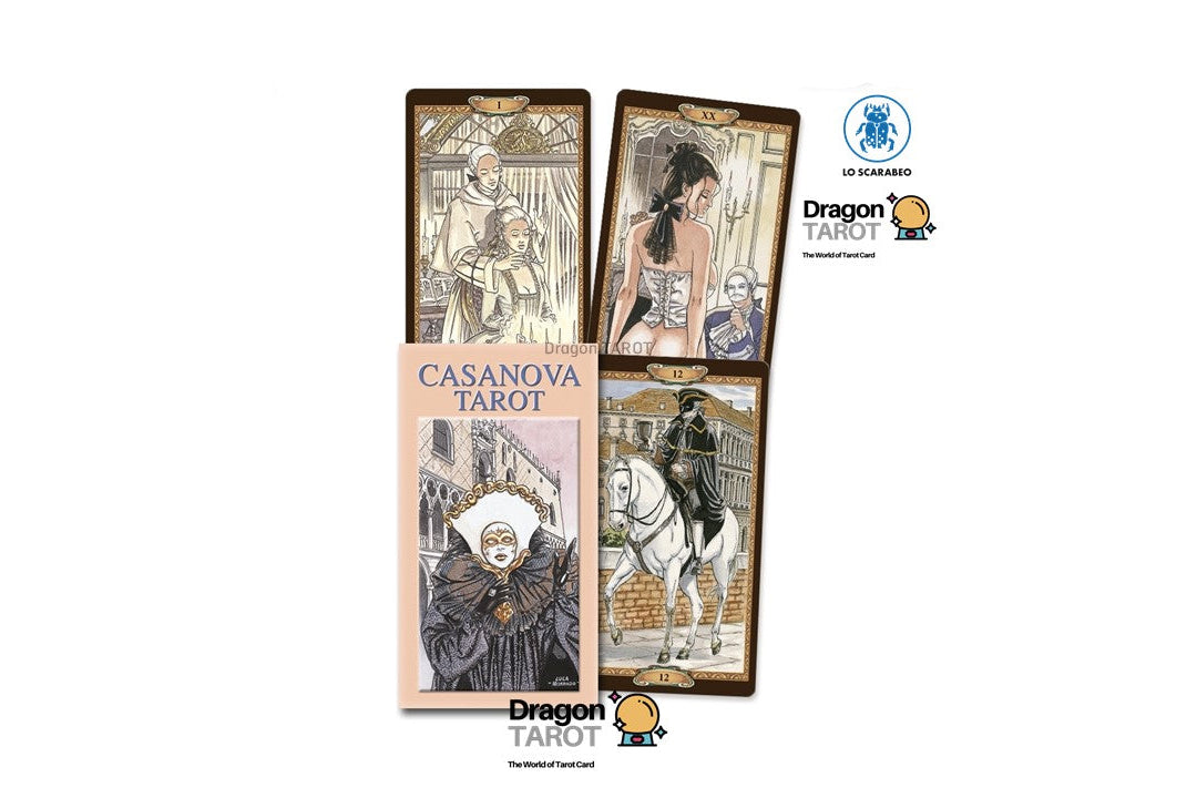 Dragon Tarot Casanova Tarot deck packaging and four illustrated cards shown on a white background with Dragon Tarot logos and a Facebook icon.