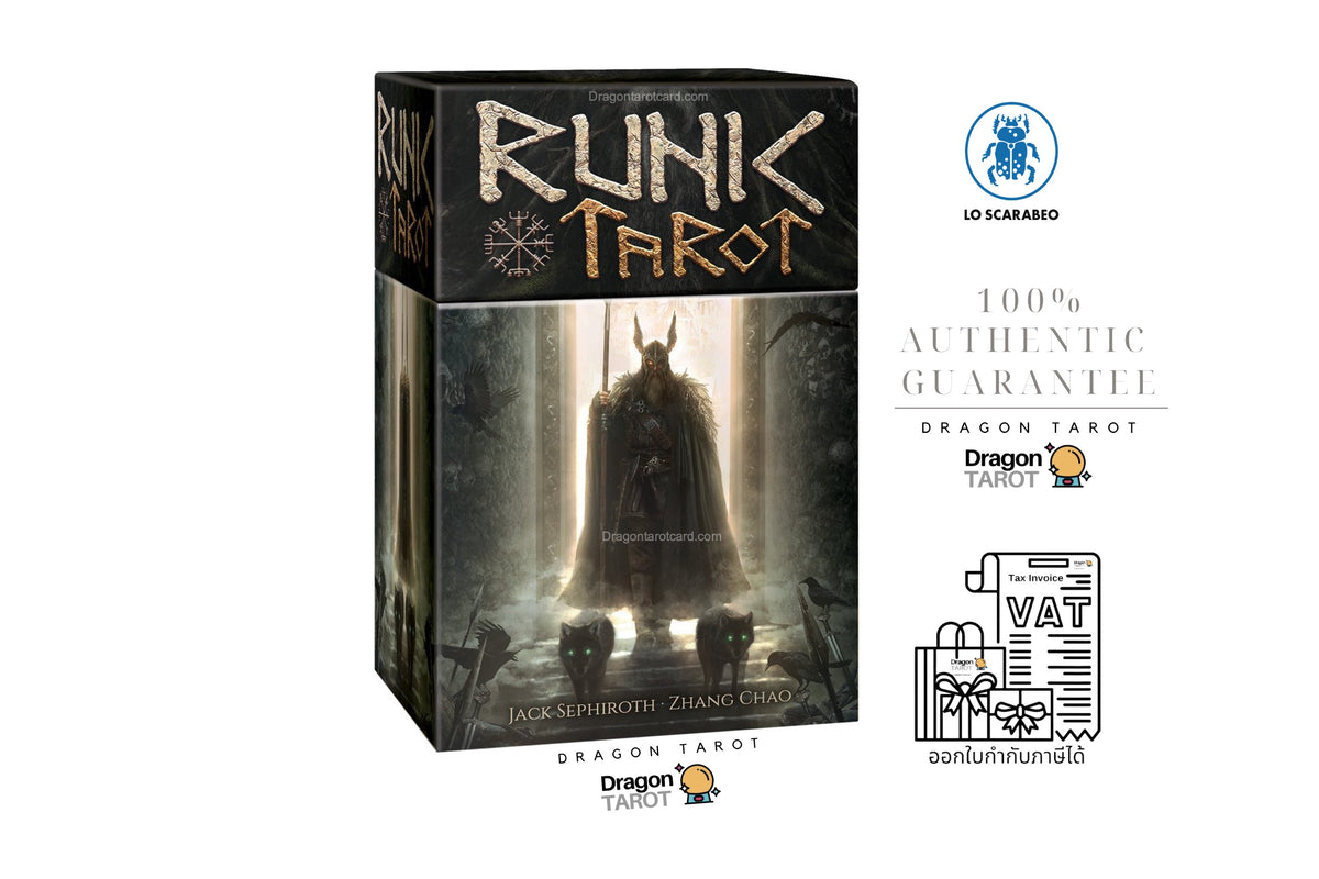 Runic Tarot card deck box shown on a white background with several logos and text badges, including '100% Authentic Guarantee', 'Dragon Tarot', and 'LO Scarabio'.