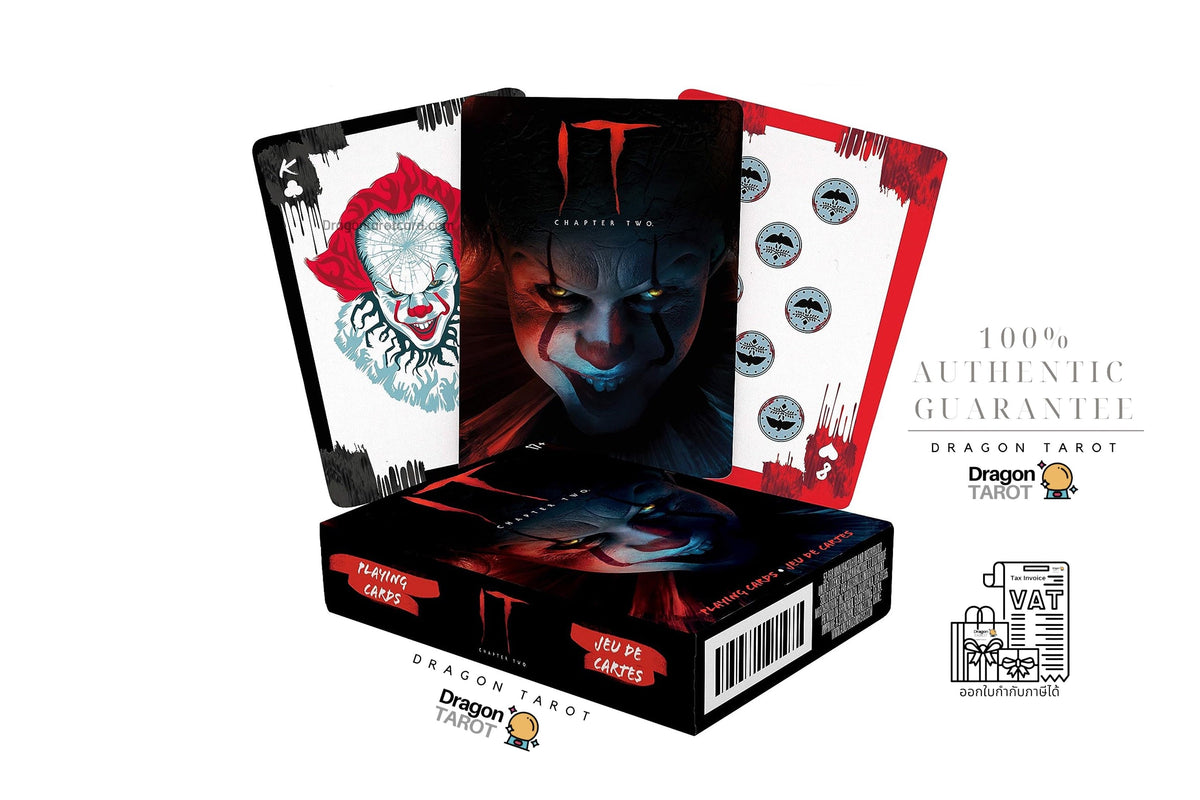A boxed tarot card set with three cards fanned out behind the box. The packaging and cards feature horror-themed artwork, including a clown illustration and a dark red/black face.