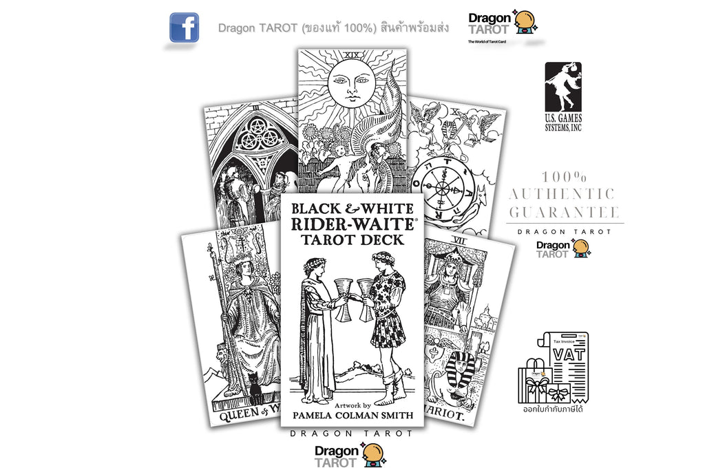 Black and white Rider-Waite tarot deck packaging and several illustrated cards arranged on a white background, with Dragon Tarot branding and guarantee text visible.