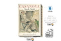 Dragon Tarot Casanova Oracle Cards box shown on a white background with promotional text and logos. The front cover features an illustrated vintage scene with two figures in ornate clothing, and the side shows the card count and product branding.