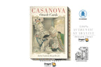 Dragon Tarot Casanova Oracle Cards box shown on a white background with promotional text and logos. The front cover features an illustrated vintage scene with two figures in ornate clothing, and the side shows the card count and product branding.