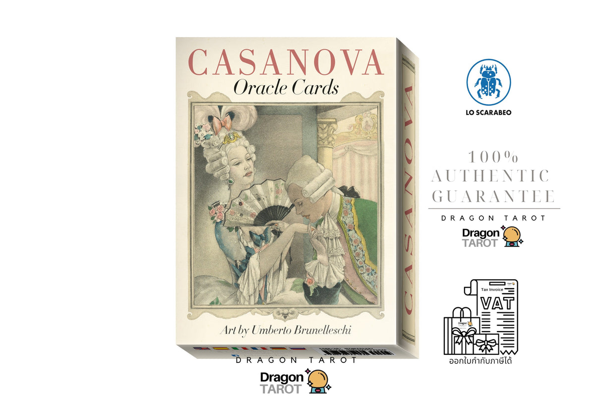 Dragon Tarot Casanova Oracle Cards box shown on a white background with promotional text and logos. The front cover features an illustrated vintage scene with two figures in ornate clothing, and the side shows the card count and product branding.