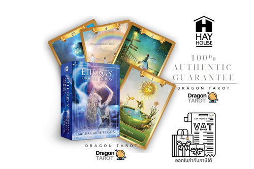 Energy Oracle Deck box and four illustrated tarot cards displayed on a white background with promotional text and the Hay House logo. The product appears to be a tarot deck called Dragon Tarot, with fantasy artwork on the box and cards.