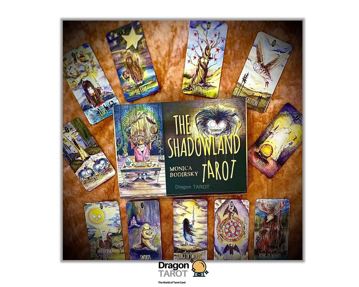 The Shadowland Moon & Starzen Tarot deck box shown with several illustrated tarot cards arranged around it on a textured brown background. A Dragon Tarot logo appears at the bottom center.