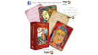 Dragon Tarot Oracle card deck with its red box and several illustrated cards fanned out on a white background, featuring Buddha-themed artwork and promotional text.
