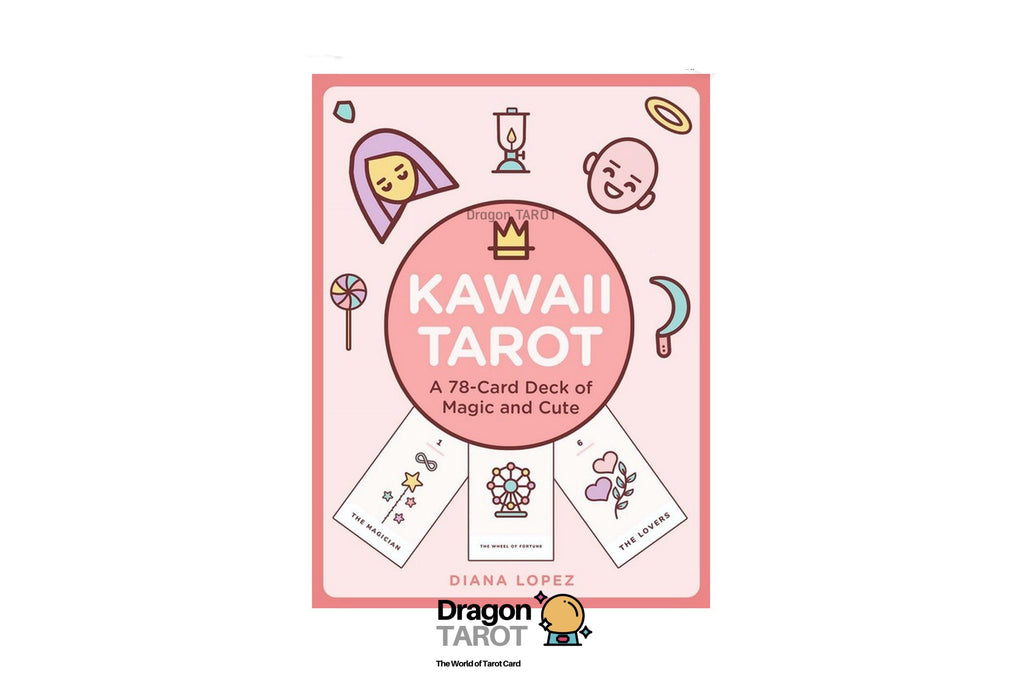 Kawaii Tarot card deck box cover by Diana Lopez, featuring a pink background with cute cartoon illustrations of faces, a crown, a clock, and sample card designs. The image is centered on a white background with Dragon Tarot branding and social media icons at the top and bottom.