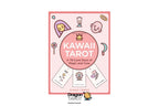 Kawaii Tarot card deck box cover by Diana Lopez, featuring a pink background with cute cartoon illustrations of faces, a crown, a clock, and sample card designs. The image is centered on a white background with Dragon Tarot branding and social media icons at the top and bottom.