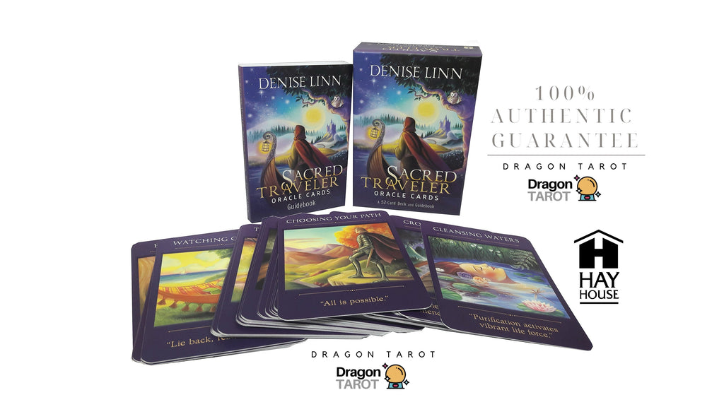 Dragon Tarot Oracle Cards deck packaging and sample cards displayed on a white background with brand logos and text. The image shows the book-style box and deck packaging for 'Sacred Traveler' by Denise Linn, along with several fanned tarot cards showing illustrated oracle card backs.