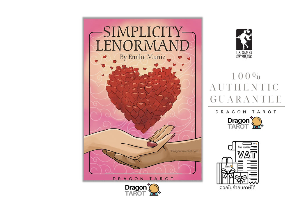 Dragon Tarot 'Simplicity Lenormand' card deck packaging shown on a white background, alongside brand logos and a 100% authentic guarantee badge.