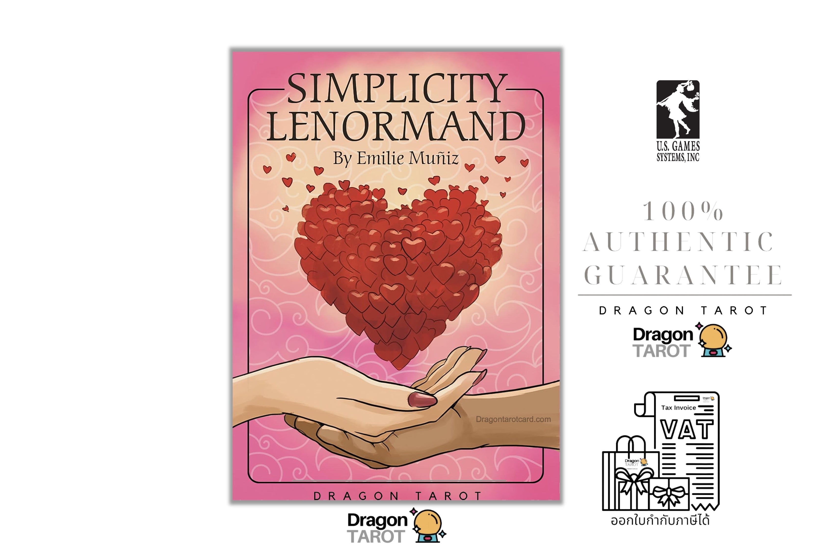 Dragon Tarot 'Simplicity Lenormand' card deck packaging shown on a white background, alongside brand logos and a 100% authentic guarantee badge.