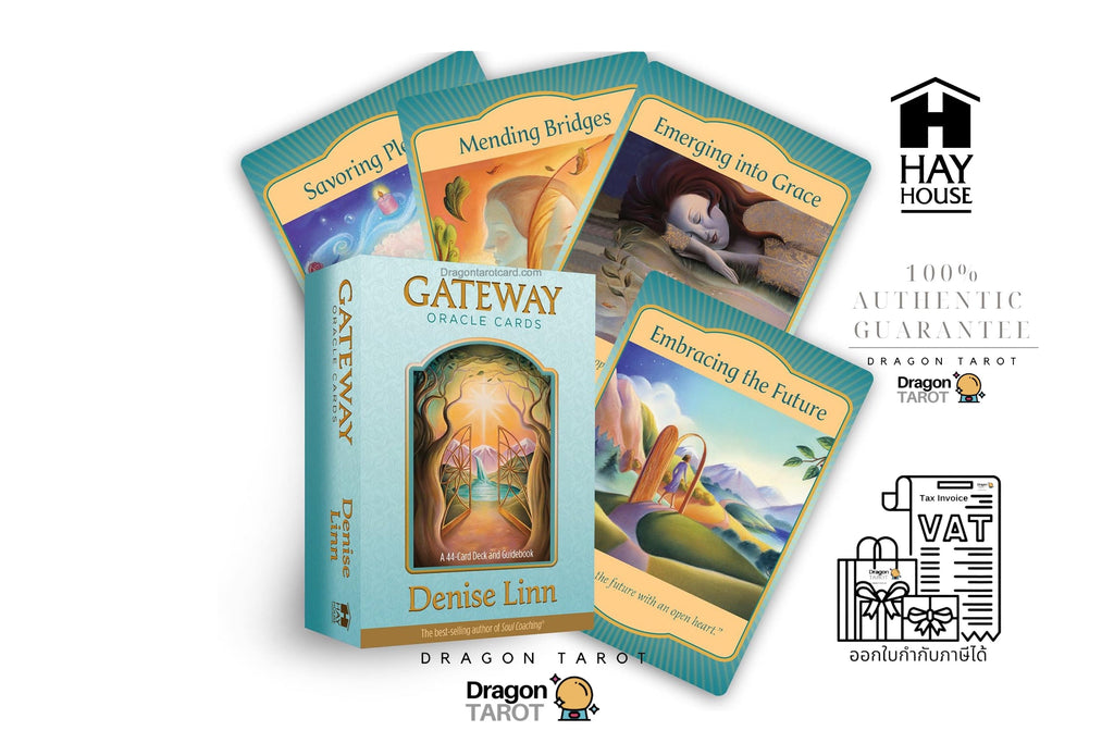 Gateway Connections tarot deck box by Denise Linn, displayed with four illustrated cards fanned behind it on a white background. Multiple brand and guarantee badges for Dragon Tarot and Hay House are shown around the product.