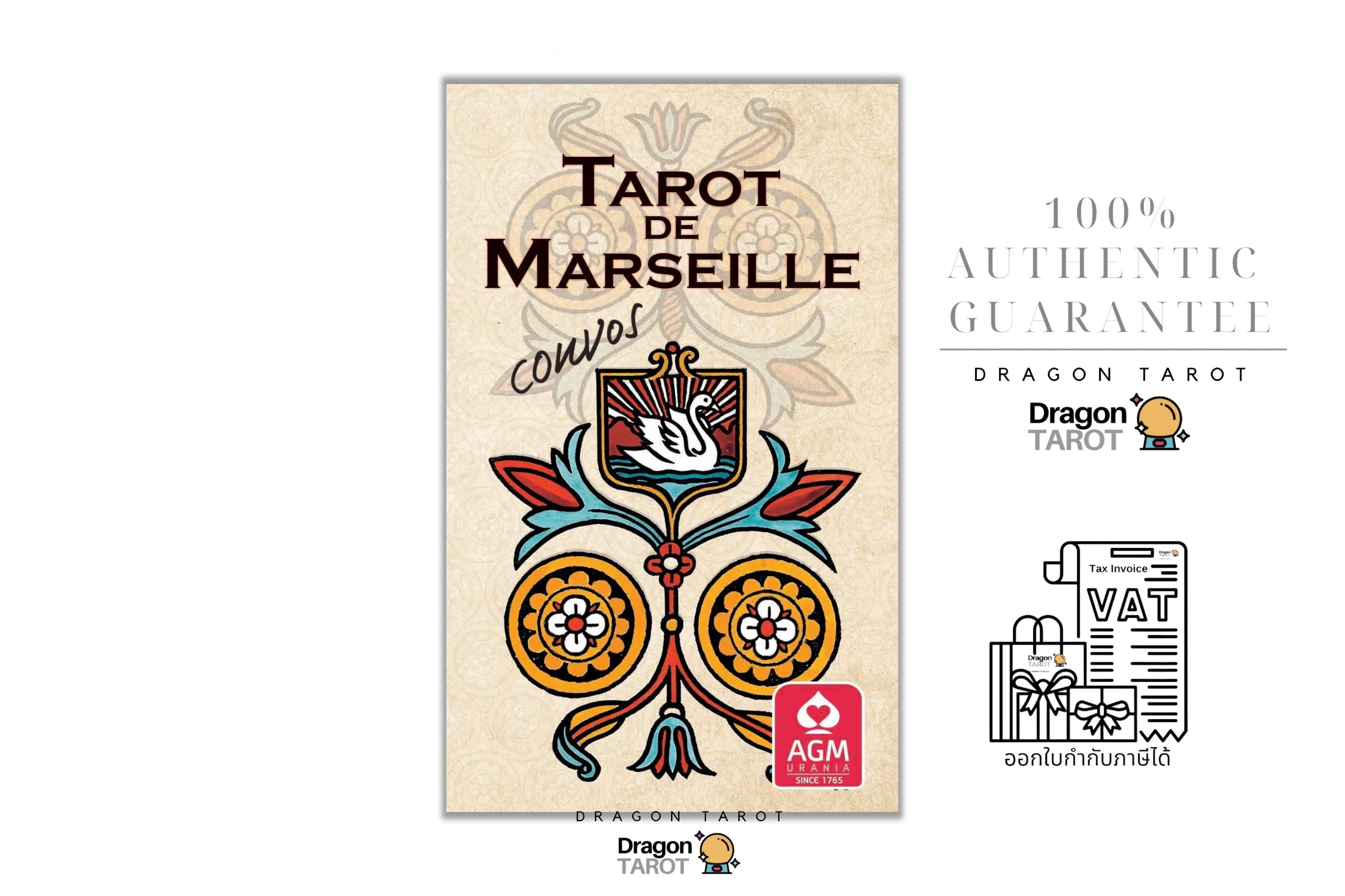 A tarot card deck box labeled 'Tarot de Marseille convos' with ornate illustrated artwork, shown on a white background with promotional text and Dragon Tarot branding.