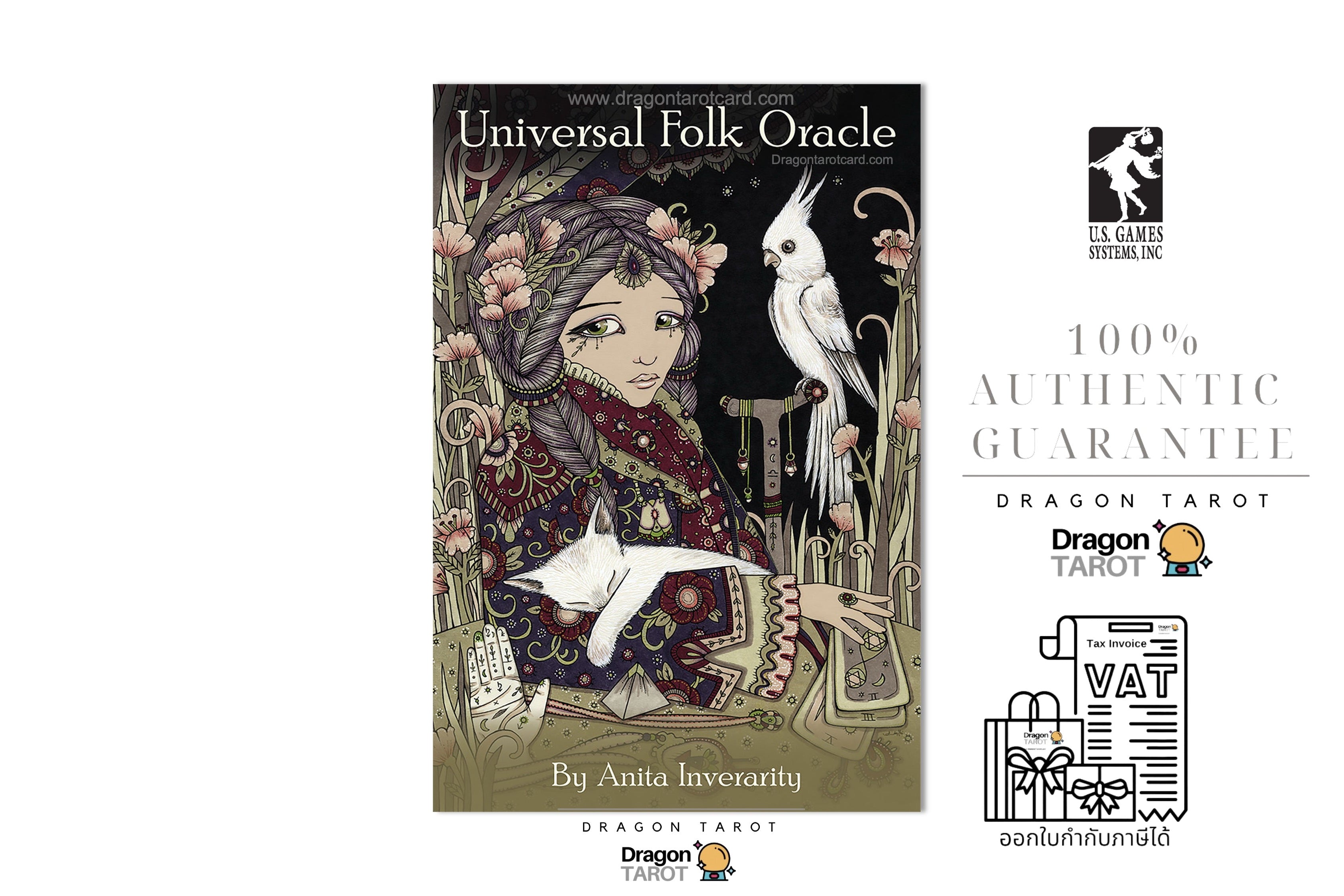 Universal Folk Oracle tarot deck box by Anita Inverarity, featuring an intricate illustration of a woman with a rabbit on a dark background, shown alongside Dragon Tarot and VAT certification logos on a white background.