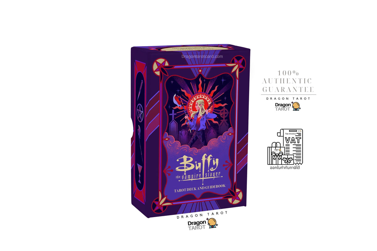 Buffy the Demon Slayer card deck and box set by Dragon Tarot, shown on a plain white background with a small text callout about a 100% authentic guarantee.
