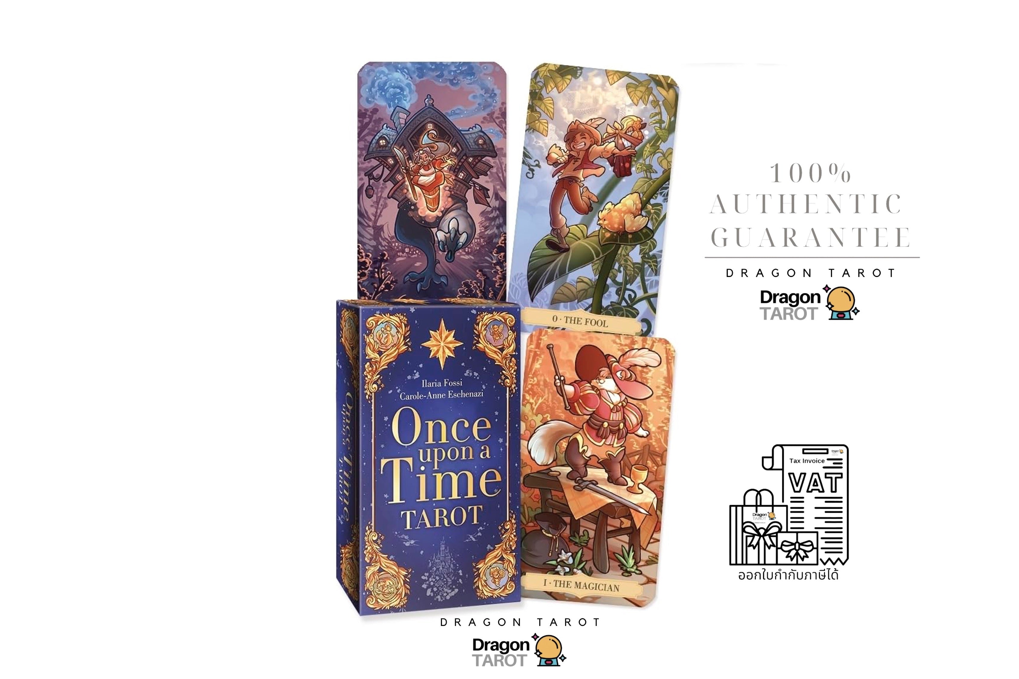 Dragon Tarot card deck packaging and card illustrations on a white background, with Thai promotional text including '100% Authentic Guarantee' and a VAT receipt icon.