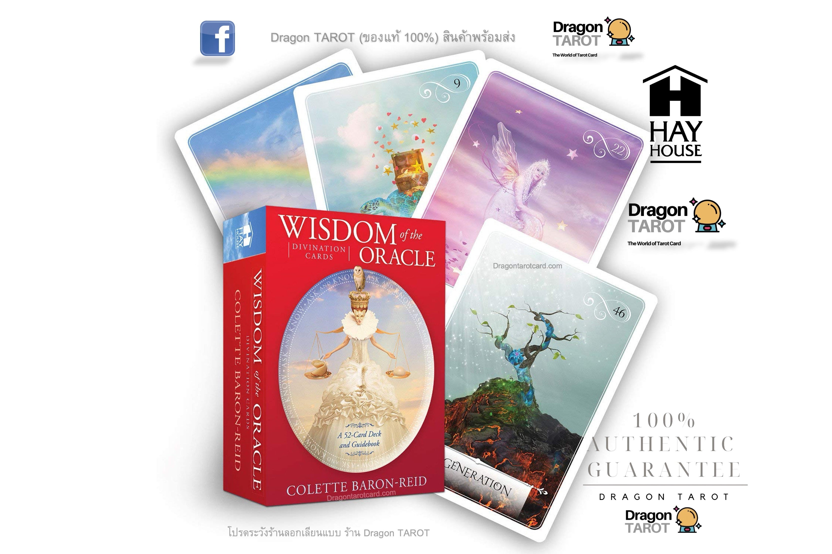 Dragon Tarot Oracle card deck box with several illustrated cards fanned behind it on a white background. Visible branding includes Dragon Tarot, Hay House, and the author name Collette Baron-Reid.