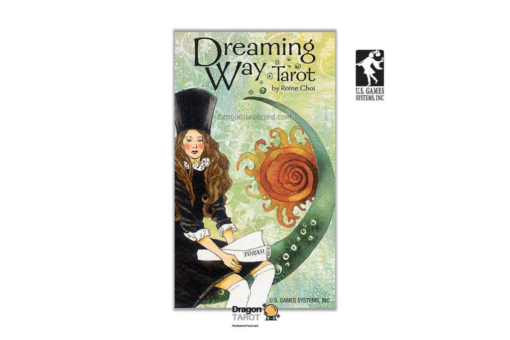 Front cover of the tarot deck box 'Dreaming Way of Tarot' by Jane Chua, featuring an illustration of a woman in a top hat and coat with a large orange spiral motif on a pale green background. The image is centered on a white page with Dragon Tarot branding and a California Rising Inc.