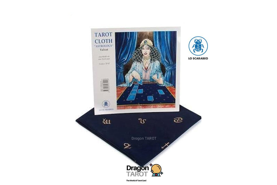 Dragon Tarot Cloth set featuring a navy blue cloth with zodiac symbols and a boxed tarot card deck with an illustration of a queen on a white background.