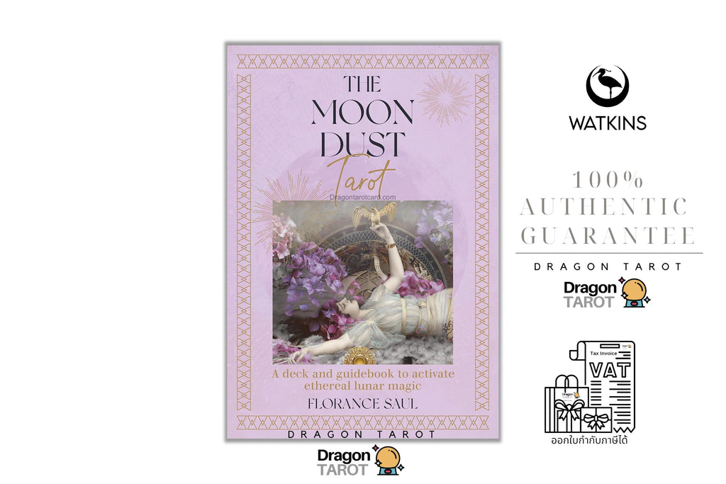 The Moon Dust Tarot deck box by Florance Sma on a white background, flanked by Watsons and Dragon Tarot authenticity logos and a VAT receipt illustration.