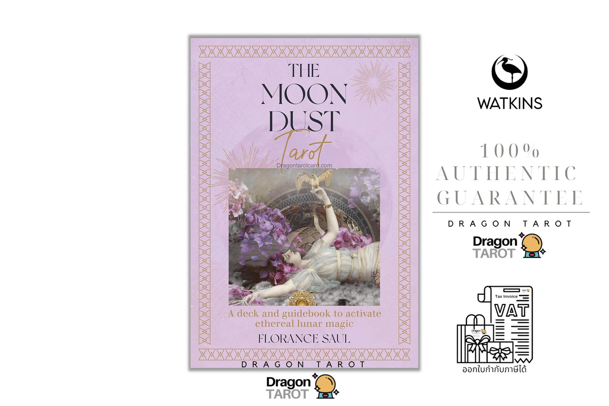The Moon Dust Tarot deck box by Florance Sma on a white background, flanked by Watsons and Dragon Tarot authenticity logos and a VAT receipt illustration.