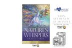 Dragon Tarot Oracle Cards: Nature's Whispers deck box shown on a white background alongside Blue Angel Publishing branding, a 100% authentic guarantee badge, and a VAT refund illustration.