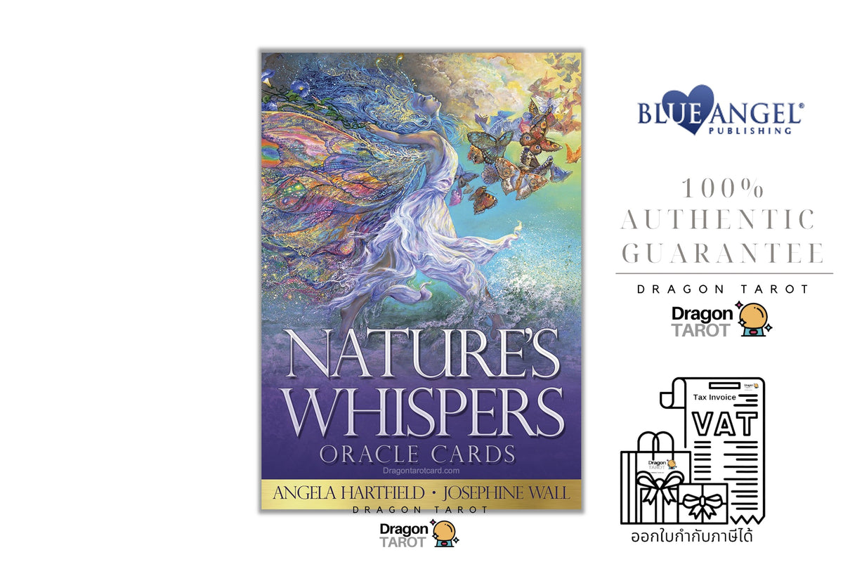 Dragon Tarot Oracle Cards: Nature's Whispers deck box shown on a white background alongside Blue Angel Publishing branding, a 100% authentic guarantee badge, and a VAT refund illustration.