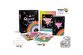 Queer Tarot deck packaging and cards shown on a white background, including the main black box with a rainbow and pink triangle, a smaller colorful box, several illustrated tarot cards, and several Dragon Tarot promotional badges.