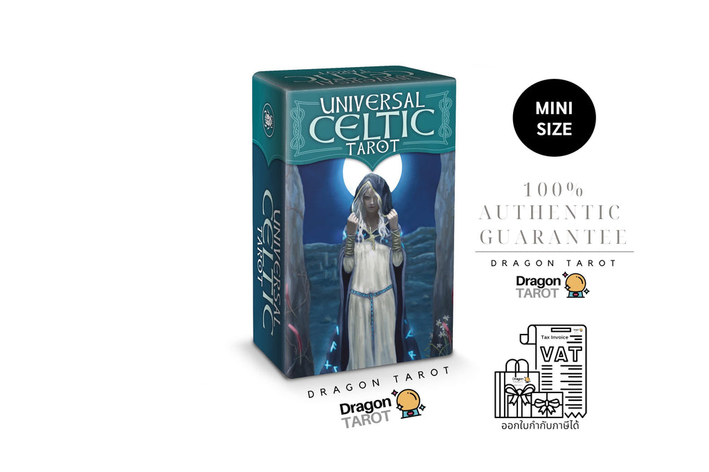 Universal Celtic Tarot deck box shown on a white background with promotional text, a 'Mini Size' badge, and Dragon Tarot branding.