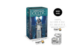 Universal Celtic Tarot deck box shown on a white background with promotional text, a 'Mini Size' badge, and Dragon Tarot branding.