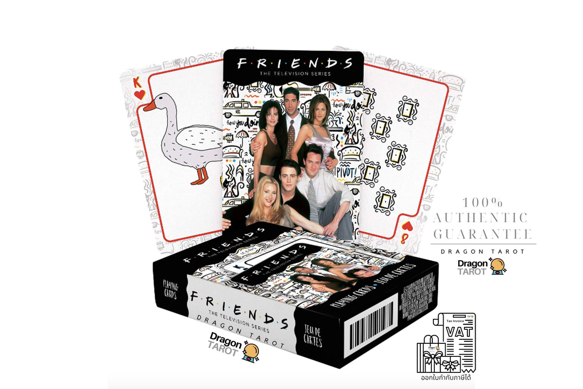Dragon Tarot Friends Collection deck with illustrated playing cards and a black-and-white patterned box on a white background, featuring the Friends logo and Thai text.