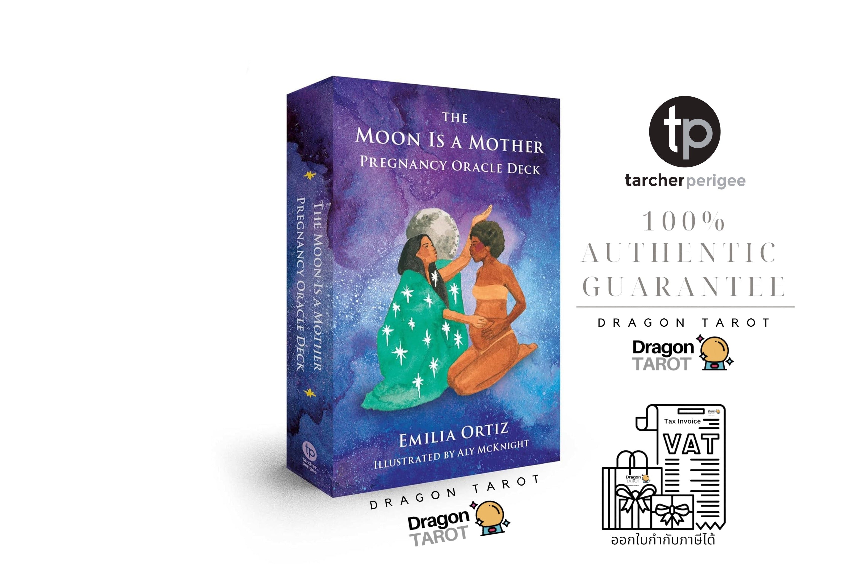The Moon Is a Mother: Pregnancy Oracle Deck book box shown on a white background with promotional text and logos for Dragon Tarot and Tatcher Perigee.
