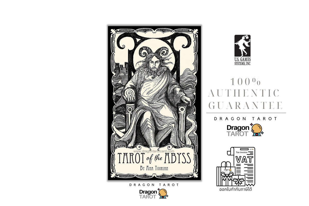 Tarot of the Abyss dragon tarot card deck packaging shown on a white background, alongside brand logos for Dragon Tarot and 1% Gamed Design, a 100% authentic guarantee badge, and a VAT receipt graphic.