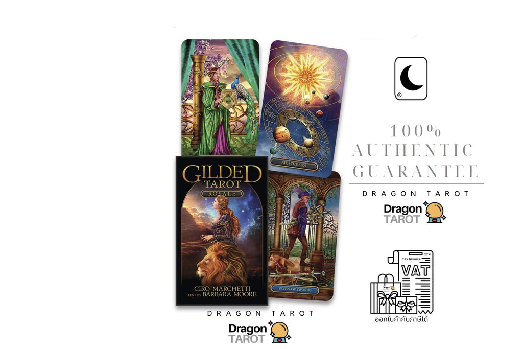 A promotional graphic for Dragon Tarot showing several tarot card and box covers arranged on a white background with Thai text, a 100% authentic guarantee badge, and the Dragon Tarot logo.