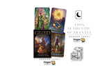 A promotional graphic for Dragon Tarot showing several tarot card and box covers arranged on a white background with Thai text, a 100% authentic guarantee badge, and the Dragon Tarot logo.