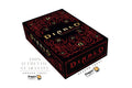 A boxed card product labeled 'Diablo' with ornate red gothic artwork on a black box, shown on a white background with multiple Dragon Tarot logos and small graphic overlays.