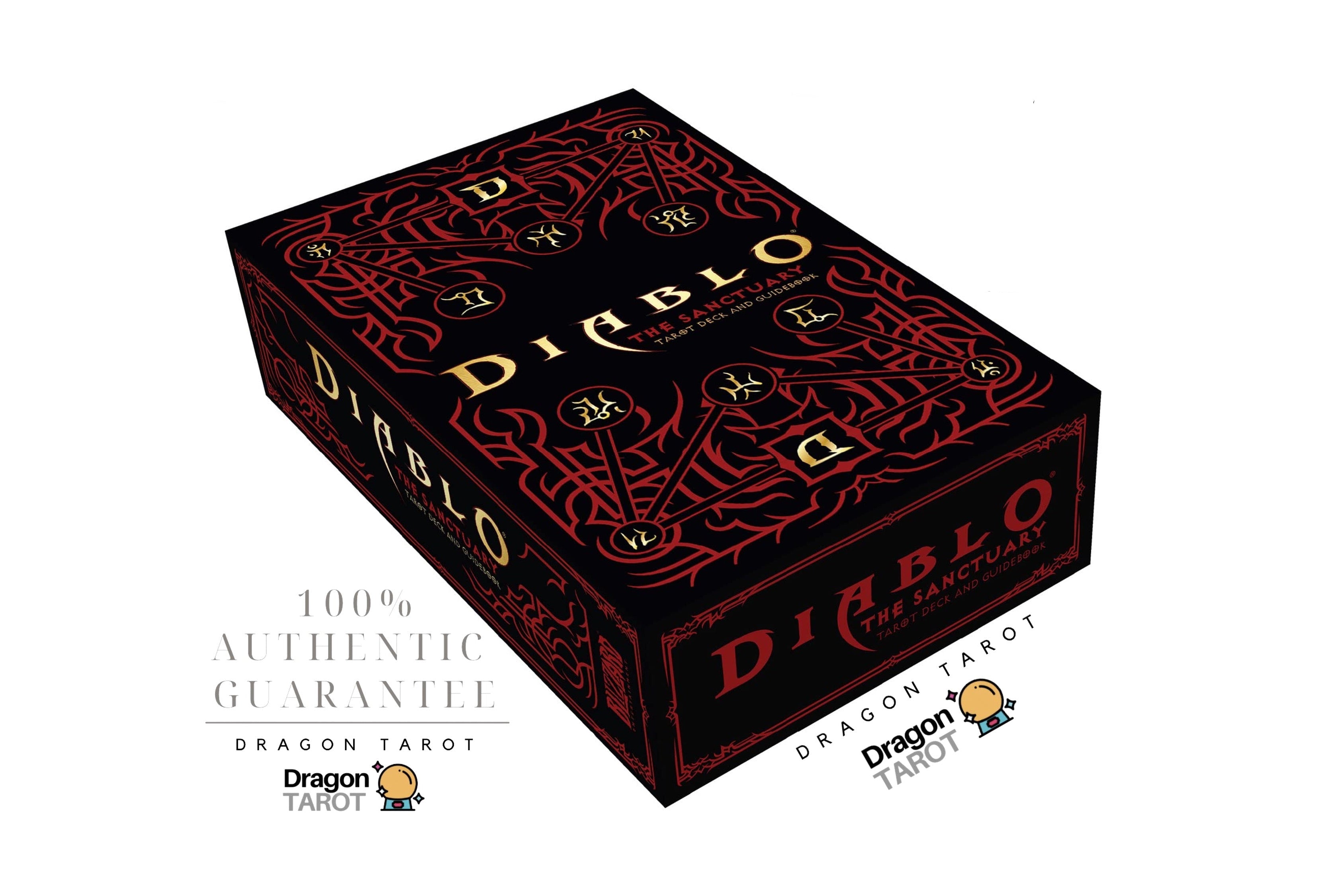 A boxed card product labeled 'Diablo' with ornate red gothic artwork on a black box, shown on a white background with multiple Dragon Tarot logos and small graphic overlays.