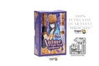 Dragon Tarot Anime Tarot Deck Guidebook box shown on a white background with promotional text and icons. The box features an illustrated anime female character with a crown and blue hair, with purple and gold tones.