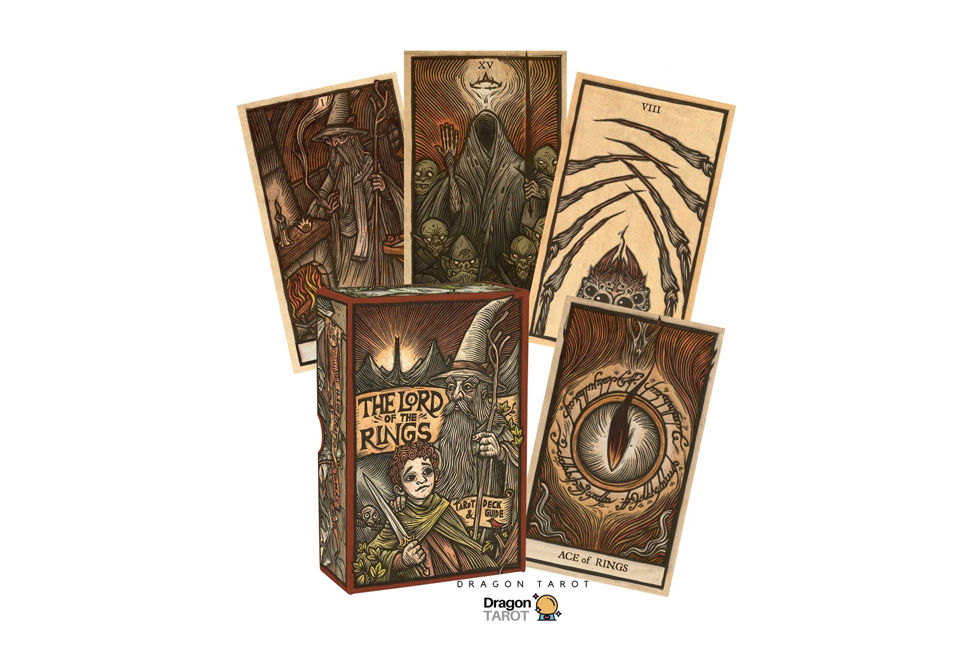 Dragon Tarot 'The Lord of the Rings' deck with four illustrated cards fanned out above the box on a white background. The artwork features a dark fantasy theme with brown, beige, and black tones, and the Dragon Tarot logo is visible at the top and bottom.